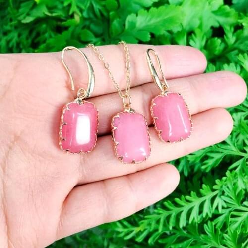 KOMI Square Shaped Pink Stone Topazs Aventurine Chain Necklace Pendant Dangle Earrings Jewelry Set For Woman Gift