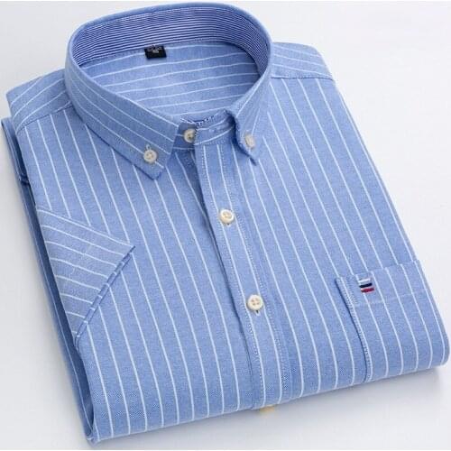 Pure Cotton Oxford 7XL Striped Shirt Plaid Shirt New Casual Mens Button Up Shirt Short Sleeve Korean Clothes Slim Fit Shirt Men