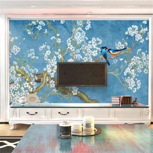 Custom wallpaper 3d Chinese painting blue hand-painted flowers and birds background wall new Chinese decorative painting mural