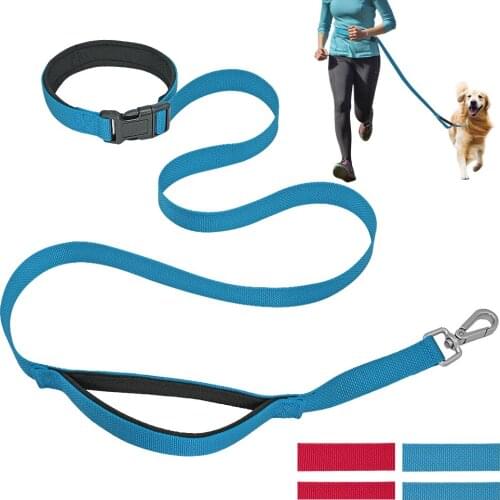 Hands Free Dog Leash Waist Pet Walking Leash Nylon Dogs Running Leads Collar Free Control 2 Handles for Medium Large Dogs