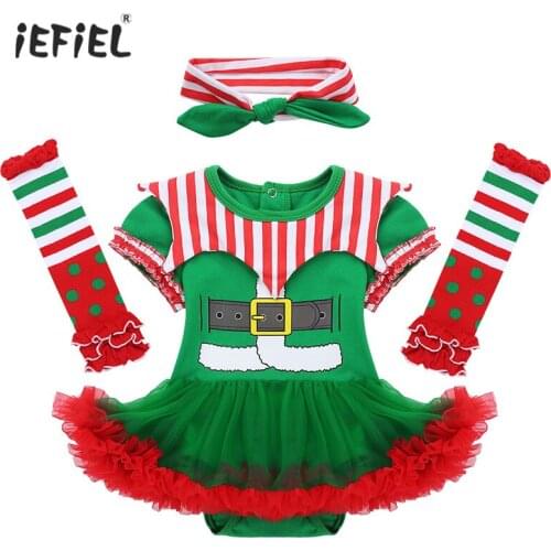 Infant Newborn Baby Girls Christmas Outfit Short Sleeves Cute Xmas Christmas Set Digital Printed Romper with Headband Leg Warmer