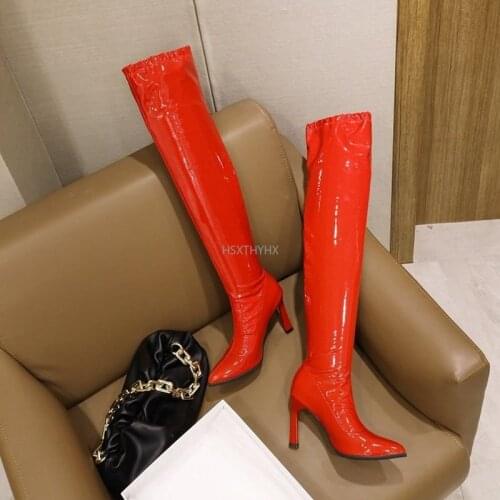 Sexy Stretch Patent Leather Over the Knee Boots Womens Extreme Thigh High Heels Boots Pointed Toe Party Winter Boots Black Red