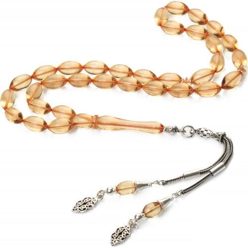 Silver Amber Gemstone Prayer Rosary Men Barley Cut Rosary With Silver Tassel Arabic Tasbih With Ottoman Model Tassel 925k Silver