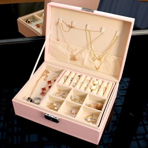 Jewelry Box Organizer for Women Girls 2 Layers PU Leather Jewelry Display Storage Case with Lock Velvet Lining White Black