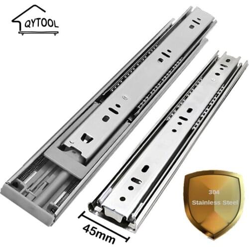 45mm Pure 304 Stainless Steel Drawer Slides Soft Close Track Rail Sliding Buffer Three-Section Cabinet Slides Furniture Hardware