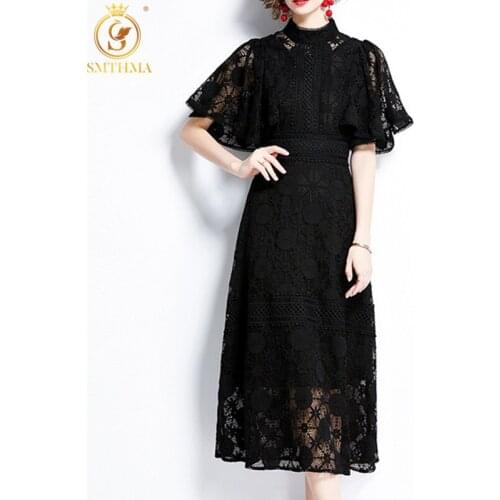 SMTHMA New Fashion 2021 Women Summer Dresses High Waist Puff Short Sleeves Black Lace Hollow Out Vintage Pleated Long Dress