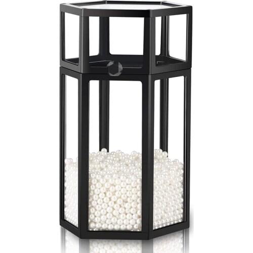 Glass Organizer for Makeup Brush,8.46"Black Hexagon Transparent Cosmetic Holder with Lid,Eyeliner Display Storage