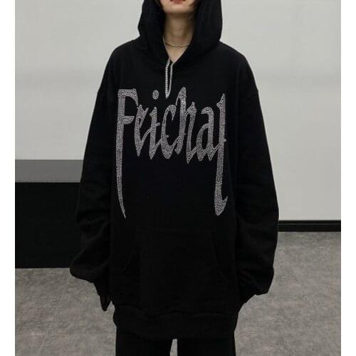 Rhinestone Gothic Hoodie Sweatshirt Women Letter Black Punk Hip Hop Harajuku Oversized Pullover Tops Sweater Tops Streetwear