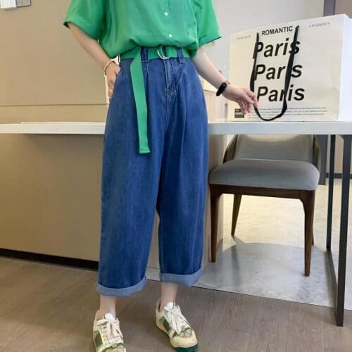 Vintage Denim Boyfriend Blue Jeans For Women High Waist Straight Tube Loose Wide Leg Chic Autumn 2021 New Pipe Pants With Belt