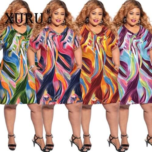 XURU European and American New Style Womens Plus Size Dress V-neck Short-sleeved Abstract Printed Dress