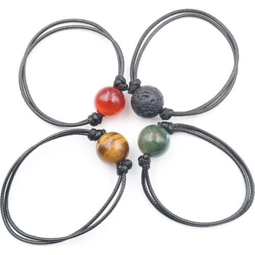 YJXP Black Leather Adjustable Bracelets Natural Crystal Rose Quartzs Reiki Round Beads Unisex Wax Rope Strand Bracelet Jewelry