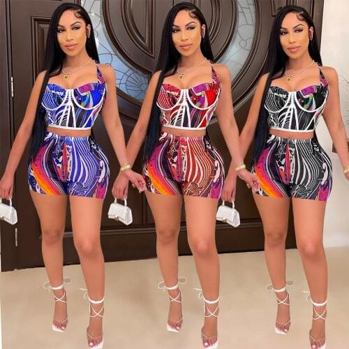 Casual Print Short Two Piece Set Women Summer 2021 Sexy Strapless Crop Top + Shorts Bodycon Night Club wear Party Set Women Suit