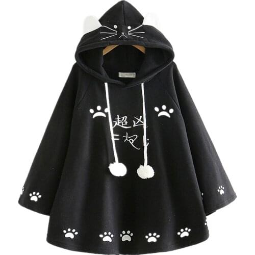 Cute Autumn Hoodies Poncho Streetwear Women Lolita Style Harajuku Kawaii Hooded Cloak Sleeve Loose Cat Ear Sweatshirt Girls
