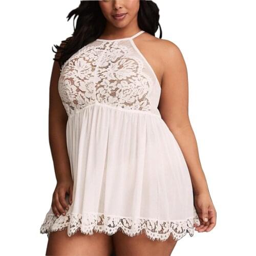 Plus Size Lingerie Babydoll Lace Floral Halter Sleepwear Set High Neck Chemise