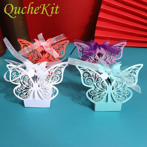 50pcs Laser Cut Butterfly Gift Box With Ribbon Wedding Favors Paper Chocolate Candy Boxes Baby Shower Christmas Party Supplies