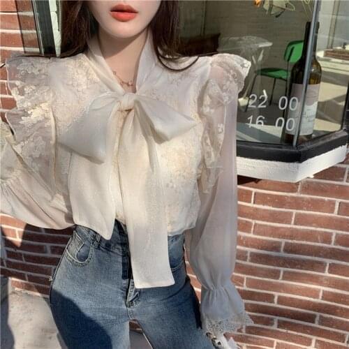 Spring Autumn Elegant Lace Up Bow Tie Blouse Women Lantern Long Sleeve Solid Mesh Chiffon Shirt Slim Fit Blusas