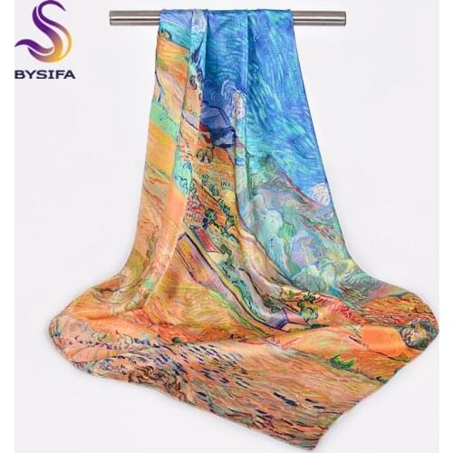 [BYSIFA] Pure Silk Scarf Hijab Women Accessories Oil Painting Square Scarves Shawls Echarpe Fall Winter Blue khaki Neck Scarf