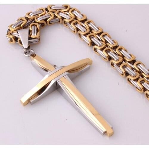 Fashion Jewelry Stainless Steel Silver Color&Gold Crucifix Cross Mens Womens Pendant Necklace Byzantine Box Chain 18"-40" Length