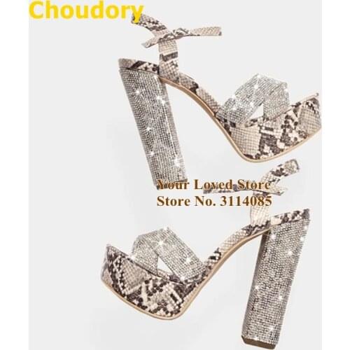 Choudory Chunky Heel Bling Bling Sandals Sexy Sankeskin Platform Dress Shoes Shining Crystal Wedding Heels Buckle Strap Pumps