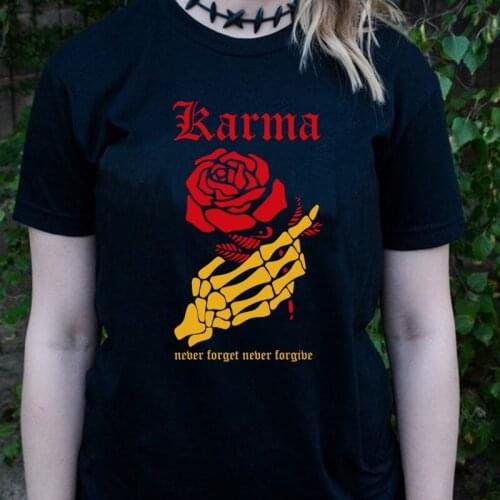 Karma Skeleton Rose Print T Shirt Women Grunge Gothic Graphic Tee Cotton Short Sleeve Black Tshirt Tumblr Aesthetic Clothes
