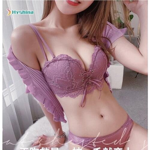 Pull Rope Strap Underwear Women Sexy Lace Bra No Steel Ring Palm Cup Adjustable Bra Suit