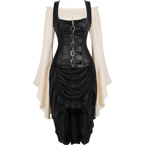 Leather Corset Bustier with Pirate Skirt and Blouse Strap Korsage Sexy Zip 3 Piece Dance Carnival Party Costumes Steampunk