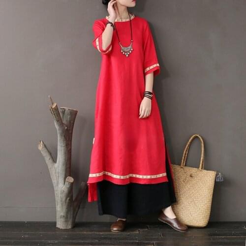 Original Edge Linen Retro Chinese Style Ethnic Clothes Flax Stitching Embroidery Loose Robe Dress Womens Dress