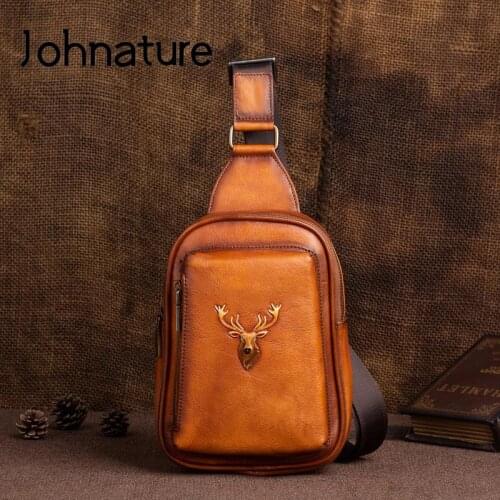 Johnature Genuine Leather Men Bag 2021 New Fashion Soft Cowhide Chest Bags Versatile Solid Color Vintage Outdoor Shoulder Bags