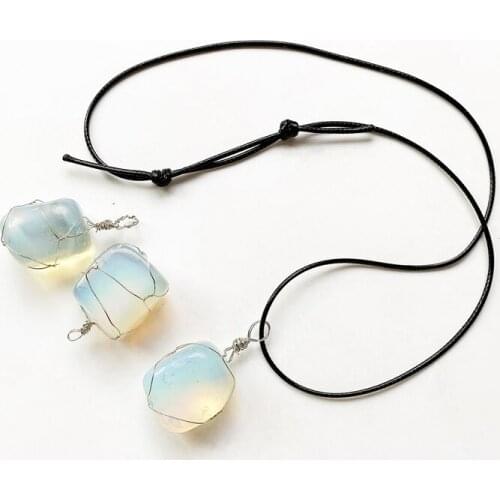 Opalite Crystal and Stone Tumbled Copper Wire Wrapped Pendant Necklace Cord Adjustable Opal Jewelry