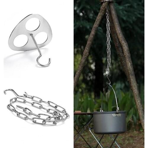 Portable outdoor barbecue camping stainless steel hanger tripod ring chain design portable stainless steel picnic pot rack