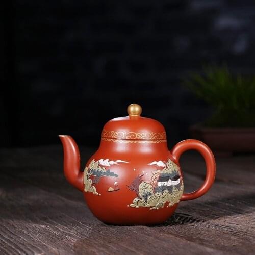 Undressed ore mud yixing famous zhu auspicious blessing certificate of 24 k gold on the surface of the teapot tea set