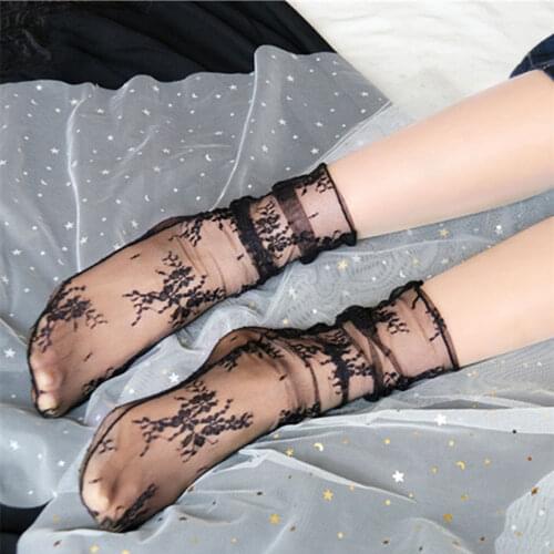 Sexy Lace Stockings White Summmer Women Transparent Socks Funny Floral Soft Girl Black Fishnets Socks Set Hosiery Sox
