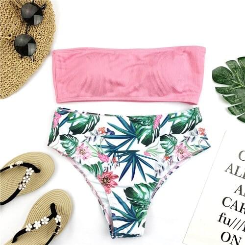 Sexy Bandeau Bikini Set Women Floral Print Swimwear Push Up Swimsuit Brazilian Biquini Pink Bikinis Pad Bathing Suit Beachwear