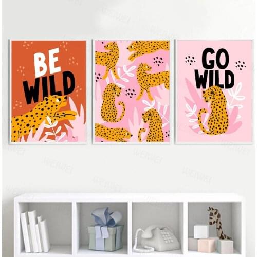 Wall Art Canvas Painting Nordic Print Poster Cartoon Wild Animal Leopard Leaf Nursery Pictures Baby Kids Room Home Decor Modular