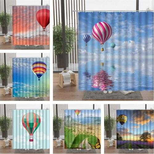 Hot Air Balloon Shower Curtain Blue Sky Ocean Scenery Waterproof Butterfly Bathroom Wall Hanging Curtains Set Home Decor