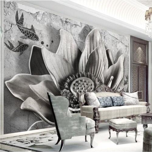 Wellyu 3D three-dimensional relief lotus vintage cement TV couch background wall custom large mural green wallpaper