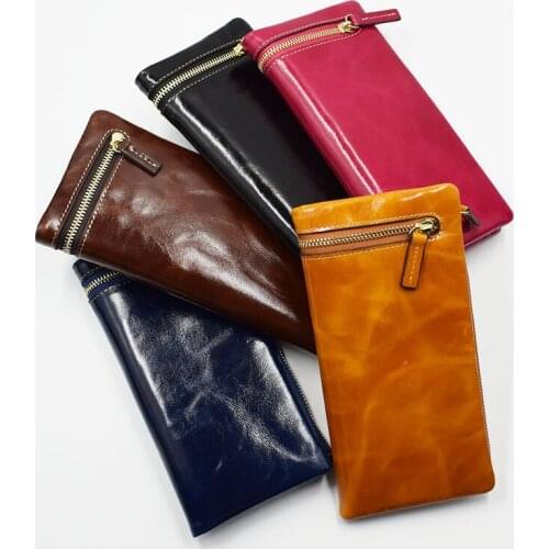 New fashion long wallets women hand clutch genuine leather of oil wax skin ladies credit purses multi-card card holder bills bag