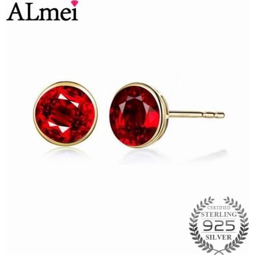 Almei Red Purple Blue Stud Earrings for Women Bridal 925 Sterling Silver Wedding Party Small Earring with Organza bag 5% LR002