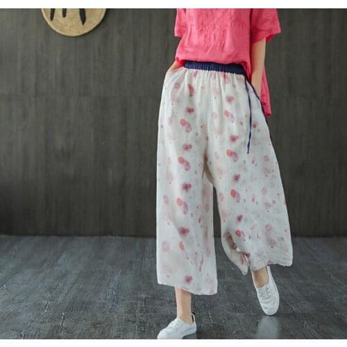 Women Loose Elastic Waist Polka Dot Ramie Pants Ladies Loose Wide Leg Trousers Female 2020 Summer Calf Length Pants