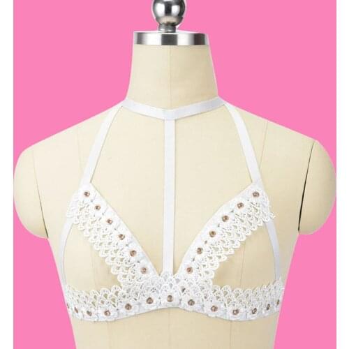 Women White Lace Flower Bondage Harness Belt Crop Top Goth lace Lingerie Harness body Cage Bra Wear Body Harness bra Bralette