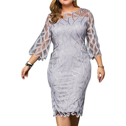 6XL Elegant Women Dress Plus Size Transparent Seven Sleeve Party Dress Autumn Ladies Knee-Length Dress Fall Retro vestidos D30