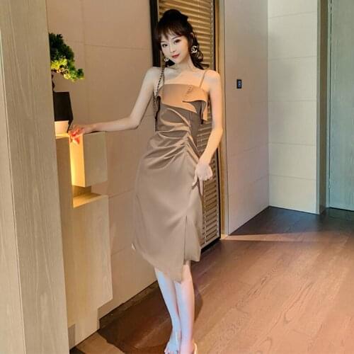 Fashion Vintage French Sexy Strap Sleeveless Midi Party Dress Ladies Elegant Streetwear Casual Ruffle Folds Female Split Dress