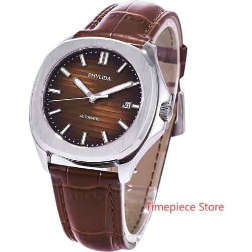 100M Tested Water Resisitant 40mm Brown Green Luminous Dial Luxury Miyota Automatic Wristwatch Sapphire Crystal Leather Strap