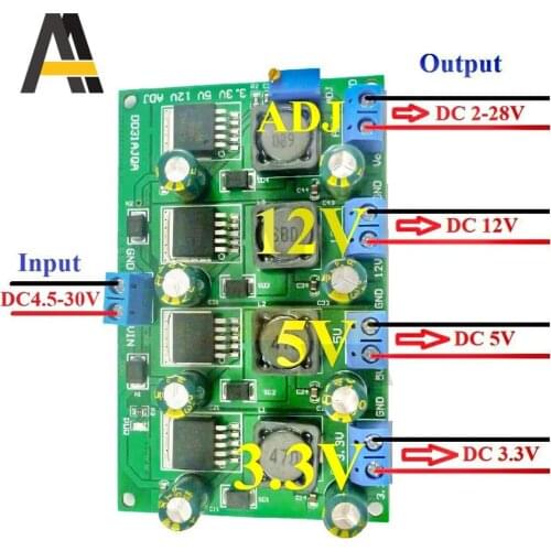 3A 4 Channels Multiple Switching Power Supply Module 4.5-30V to 3.3V 5V 12V Adjustable Output DC Step-Down Buck Converter Board