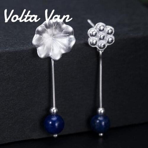 Volta Van 925 Sterling Silver Drop Earrings Lapis Vintage Pendientes Plata Elegant Fine Jewelry 2021 New Lotus Leaf Earrings