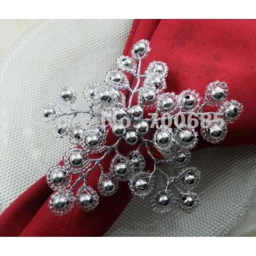 Beaded branch silver flower napkin ring, bead flower napkin holder