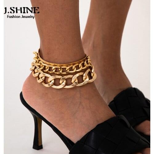J.Shine 3Pcs Layer Iced Out Cuban Rhinestone Chain Anklet for Women Lock Pendant Rapper Foot Barefoot Sandals Sexy Ankle Jewelry