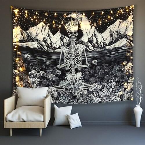 Skull tapestry Skull king meditating in flowers moon tapestry mandala carpet hippie divination tarot witchcraft wall hanging