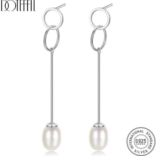 DOTEFFIL Drop Earrings Long Genuine Natural Freshwater Pearl 100% 925 Silver Double Ring Earrings Pearl Jewelry Women Hot Sale
