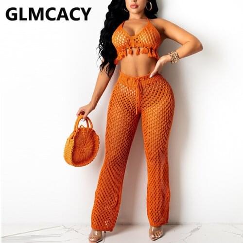 Two Piece Knitted Summer Suits Halter Backless Crop Top & Hollow Out Slim Pants Set